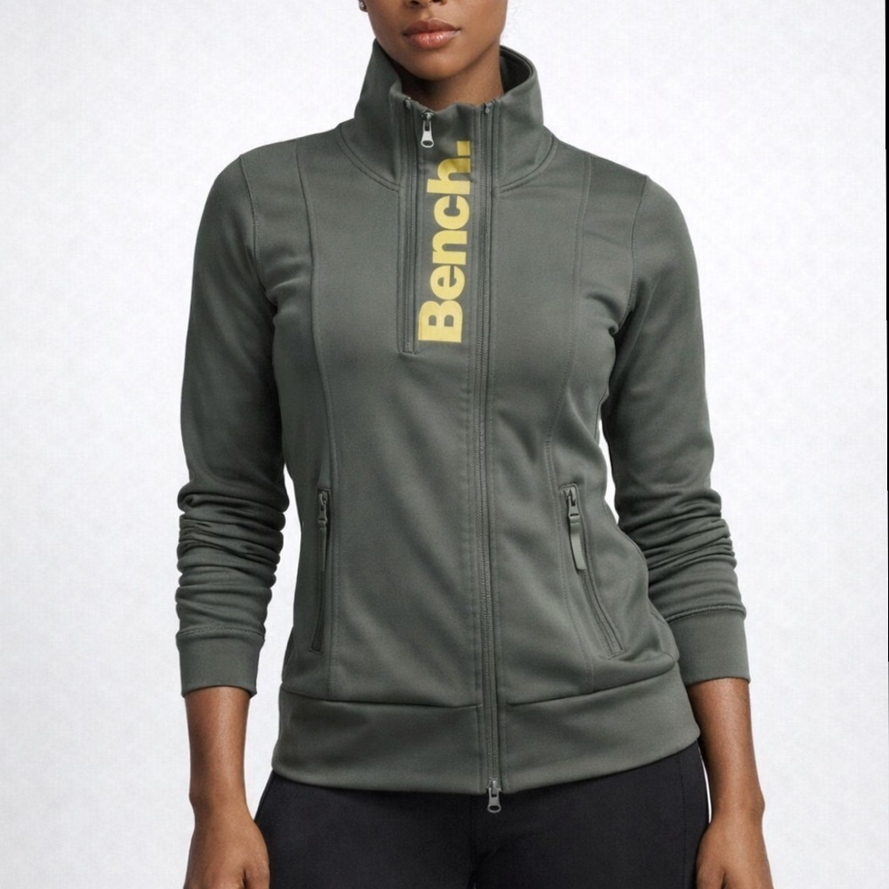 Bench Gray/Yellow Crop Neck Fleece Lined Thumb Hole Athletic Jacket Size M